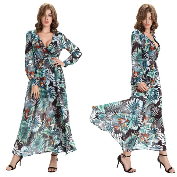 Dresses | Tropical Print Dress Maxi Surplice Plunge V Neck | Poshmark